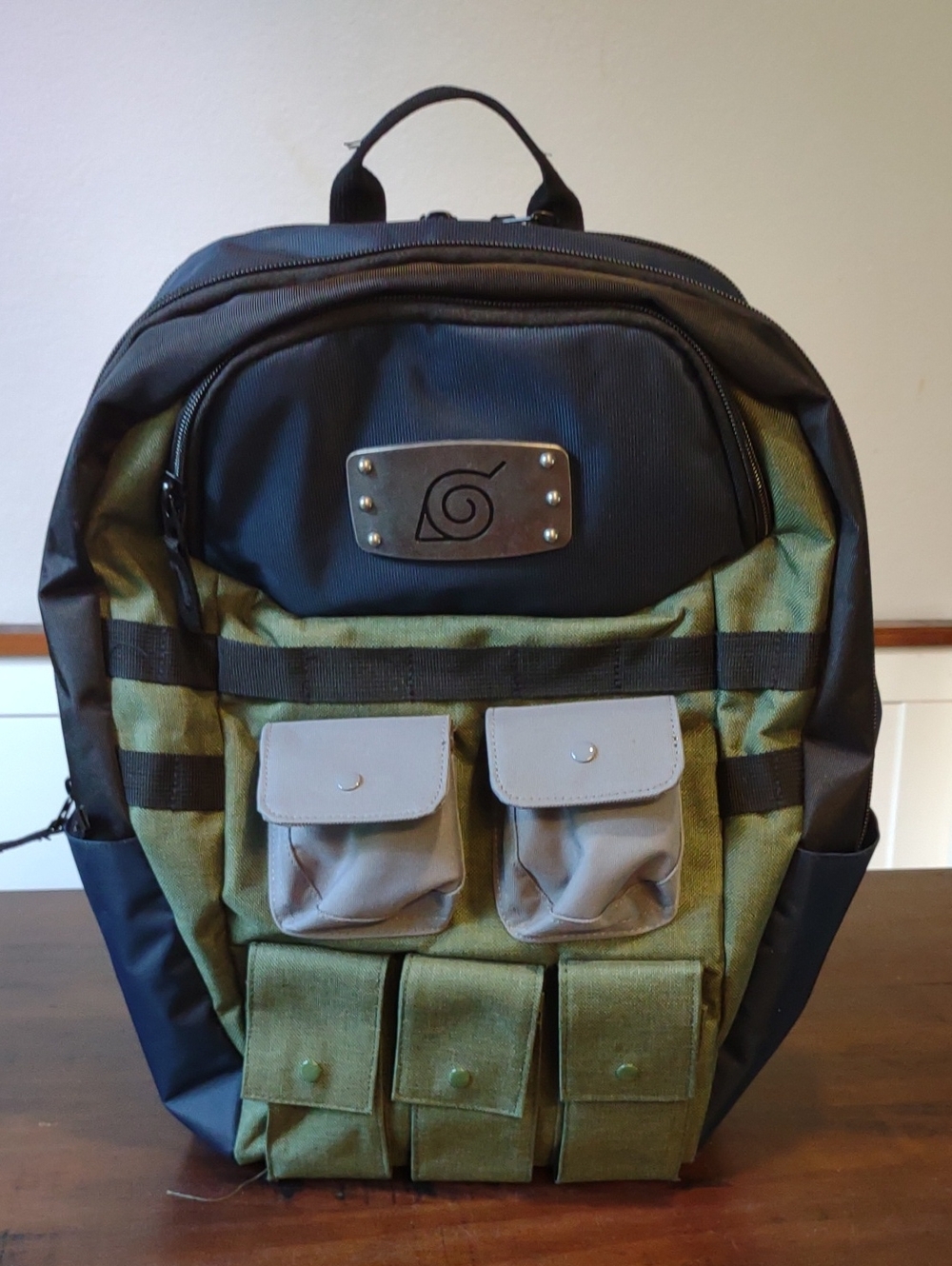Anime-Inspired Olive Green and Black Tactical Backpack with Front Pouches